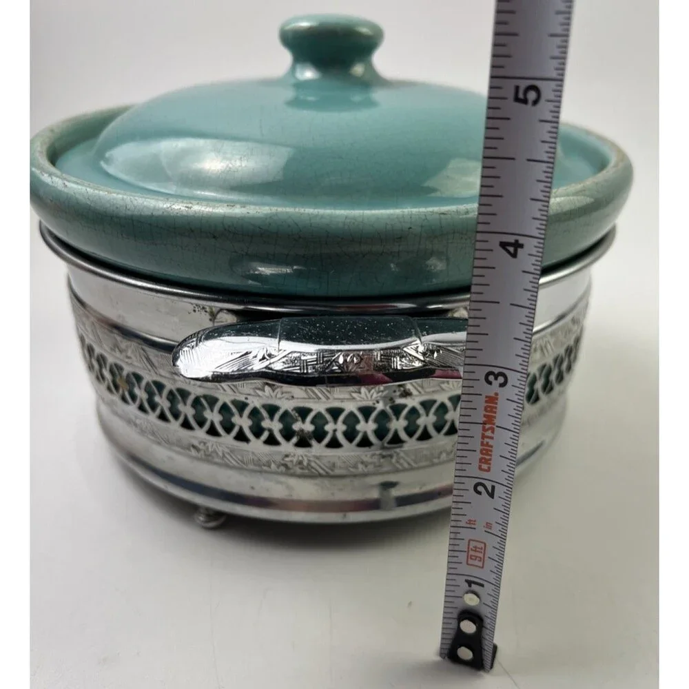 Vintage Faberware Turquoise Ceramic Covered Casserole Dish W/Metal Holder Below: